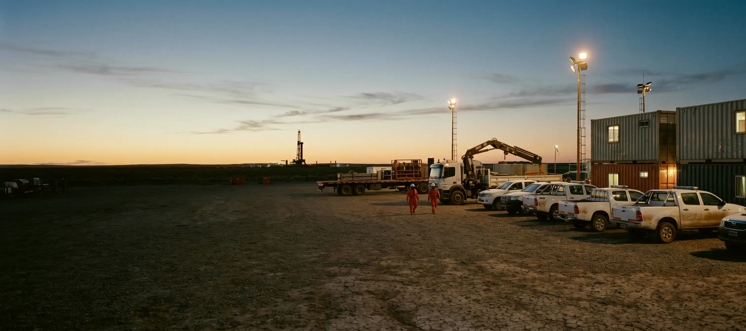 Base de operaciones de una contratista al anochecer: camionetas, un camión con hidrogrúa, contenedores oficina y un equipo de perforación en el horizonte.